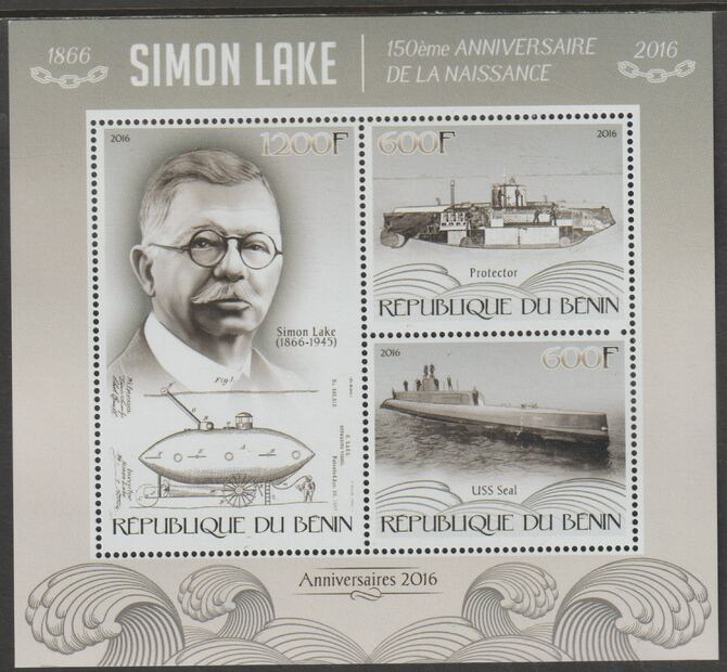 Benin 2016 Simon Lake - Submarines perf sheet containing three values unmounted mint, stamps on , stamps on  stamps on personalities, stamps on  stamps on submarines