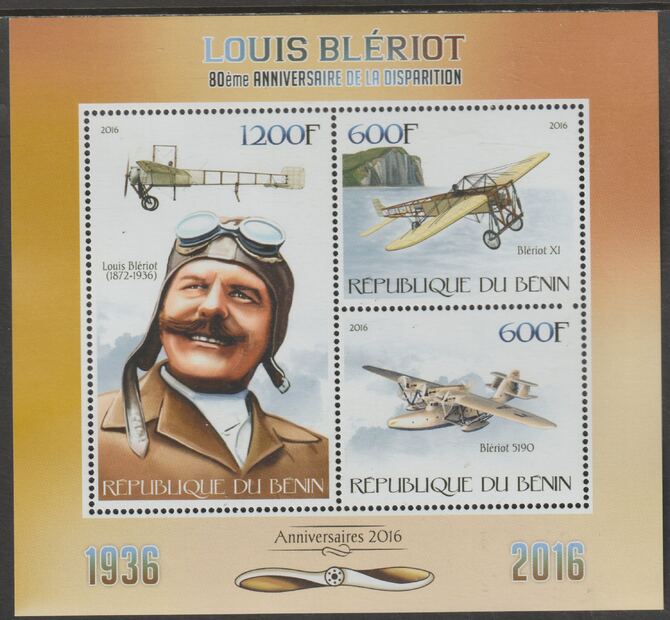 Benin 2016 Louis Bleriot - Aviator perf sheet containing three values unmounted mint, stamps on personalities, stamps on bleriot, stamps on aviation