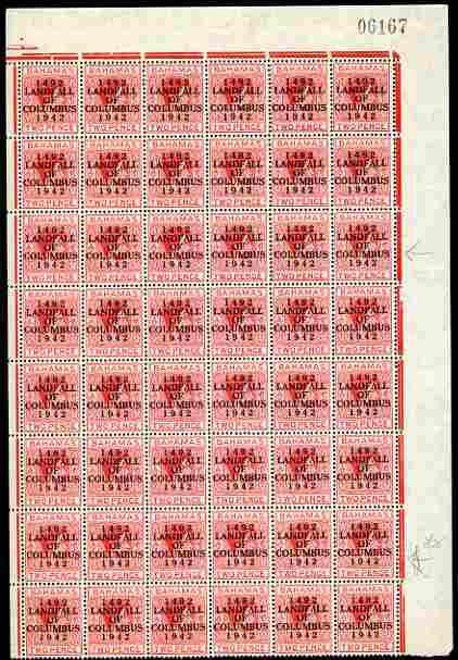 Bahamas 1942 KG6 Landfall of Columbus 2d scarlet NE corner block of 48 being the top 8 rows including the short T variety on R3/6, a few split perfs otherwise fine unmoun..., stamps on , stamps on  kg6 , stamps on varieties, stamps on columbus, stamps on explorers