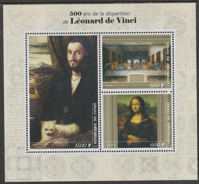 Congo 2019 Leonardo da Vinci 500th Death Anniversary perf sheet containing three values unmounted mint, stamps on personalities, stamps on leonardo da vinci, stamps on arts