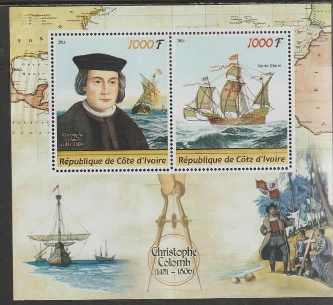 Ivory Coast 2016 Christopher Columbus perf sheet containing two values unmounted mint, stamps on , stamps on  stamps on personalities, stamps on  stamps on  explorers, stamps on  stamps on columbus, stamps on  stamps on ships, stamps on  stamps on maps