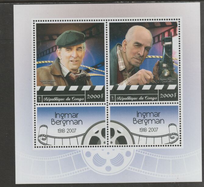 Congo 2018 Ingmar Bergman perf sheet containing two values plus two labels unmounted mint, stamps on , stamps on  stamps on personalities, stamps on  stamps on bergman, stamps on  stamps on films, stamps on  stamps on movies, stamps on  stamps on cinema