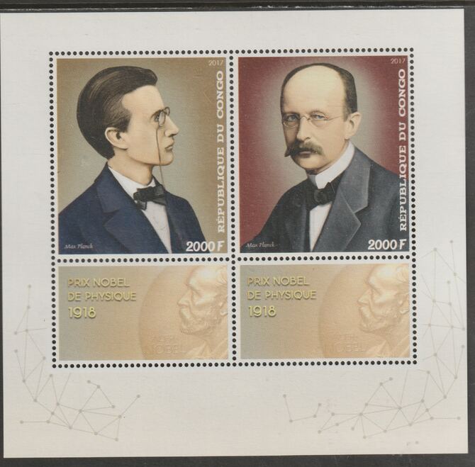 Congo 2017 Max Planck perf sheet containing two values plus two labels unmounted mint, stamps on personalities, stamps on planck, stamps on nobel, stamps on physics