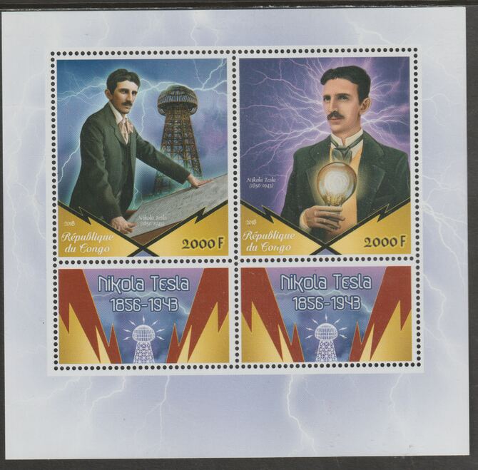 Congo 2018 Nikola Tesla perf sheet containing two values plus two labels unmounted mint, stamps on personalities, stamps on tesla, stamps on electrical