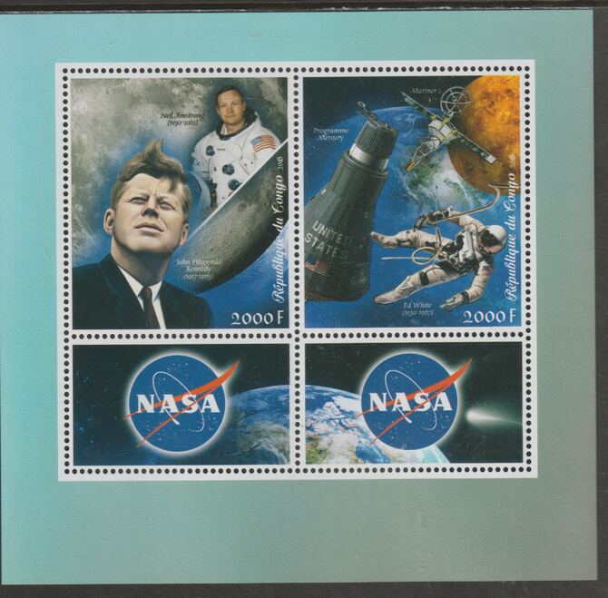 Congo 2018 NASA perf sheet containing two values plus two labels unmounted mint, stamps on , stamps on  stamps on space, stamps on  stamps on apollo, stamps on  stamps on mercury, stamps on  stamps on kennedy