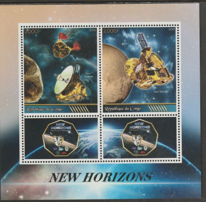 Congo 2015 New Horizons Space Mission perf sheet containing two values plus two labels unmounted mint, stamps on , stamps on  stamps on space, stamps on  stamps on new horizons, stamps on  stamps on satellites