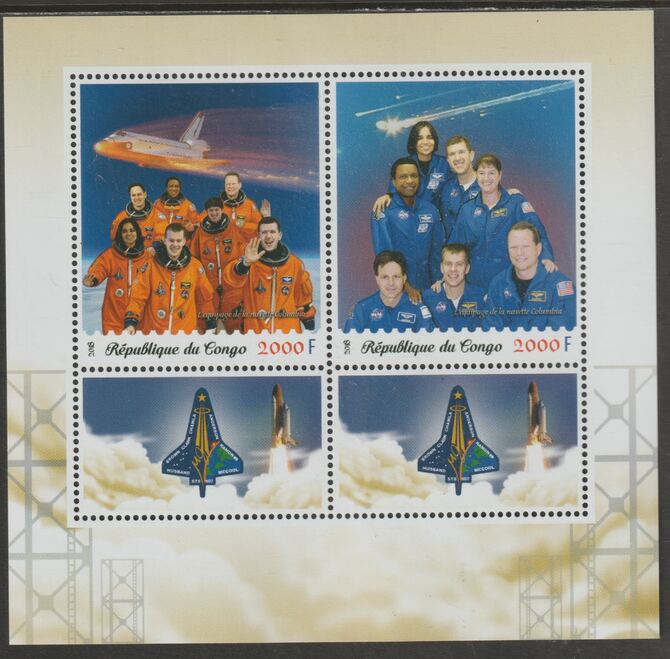 Congo 2018 Space - Columbia Shuttle perf sheet containing two values plus two labels unmounted mint, stamps on space, stamps on shuttle, stamps on columbia, stamps on disasters