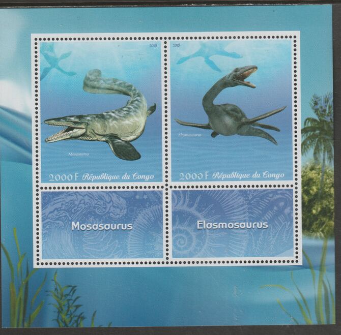 Congo 2018 Marine Dinosaurs perf sheet containing two values plus two labels unmounted mint, stamps on , stamps on  stamps on marine life, stamps on  stamps on dinosaurs