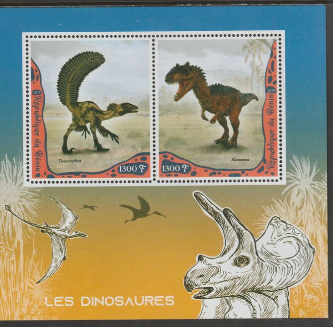 Benin 2019 Dinosaurs perf sheet containing two values unmounted mint, stamps on dinosaurs