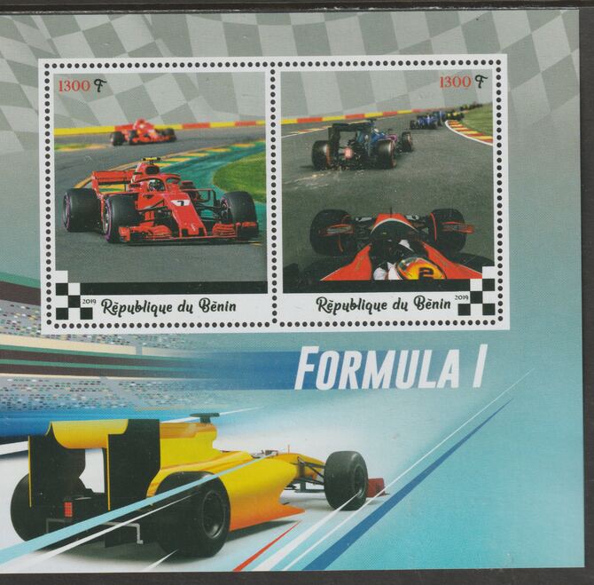 Benin 2019 Formula 1 perf sheet containing two values unmounted mint, stamps on cars, stamps on  f1 , stamps on formula 1, stamps on 