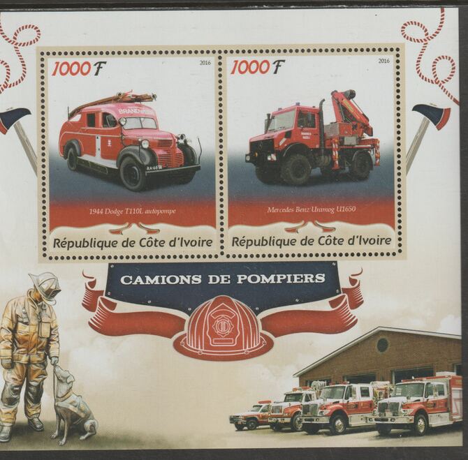 Ivory Coast 2016 Fire Trucks perf sheet containing two values unmounted mint, stamps on fire