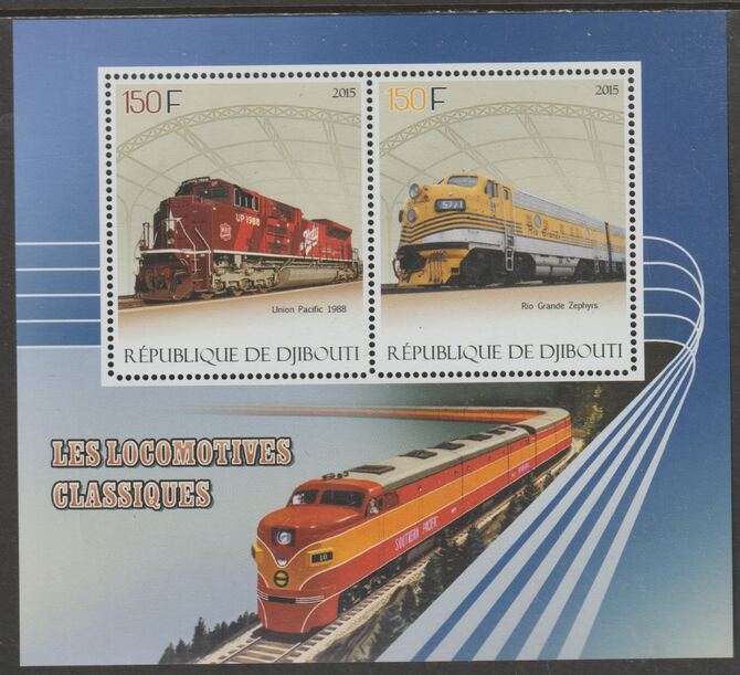 Djibouti 2015 Classic Locomotives perf sheet containing two values unmounted mint, stamps on railways