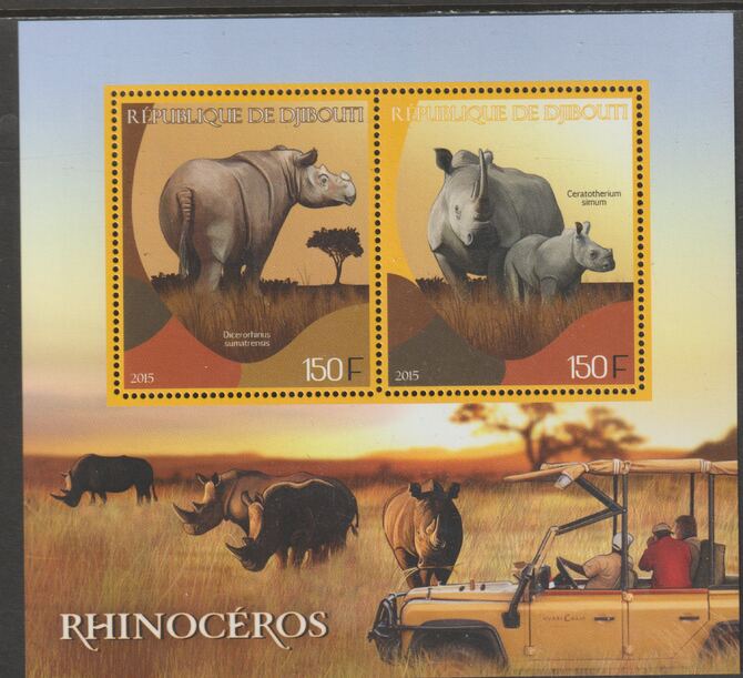 Djibouti 2015 Rhinos perf sheet containing two values unmounted mint, stamps on , stamps on  stamps on animals, stamps on  stamps on rhinos