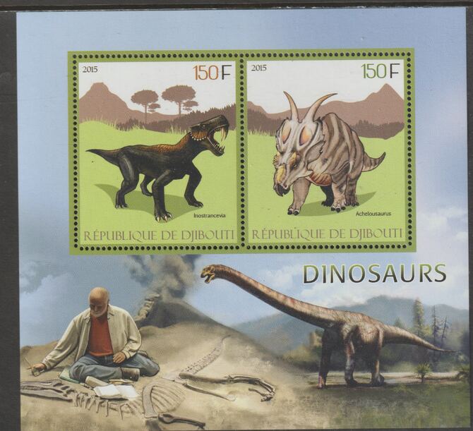 Djibouti 2015 Dinosaurs perf sheet containing two values unmounted mint, stamps on , stamps on  stamps on animals, stamps on  stamps on dinosaurs