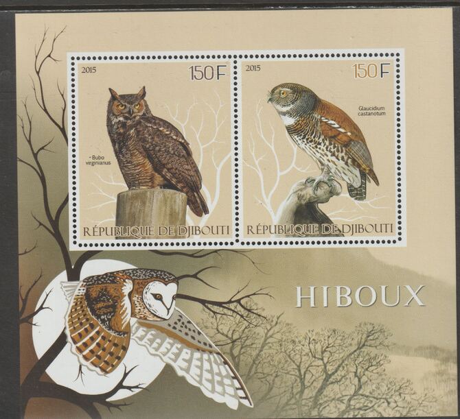 Djibouti 2015 Owls perf sheet containing two values unmounted mint, stamps on birds, stamps on birds of prey, stamps on owls