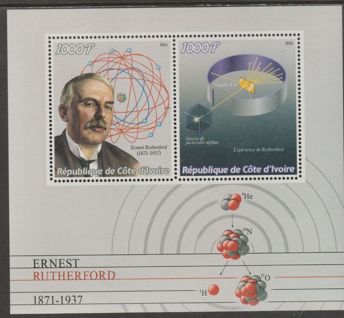 Ivory Coast 2016 Ernest Rutherford perf sheet containing two values unmounted mint, stamps on , stamps on  stamps on personalities, stamps on  stamps on rutherford, stamps on  stamps on physics, stamps on  stamps on atomics
