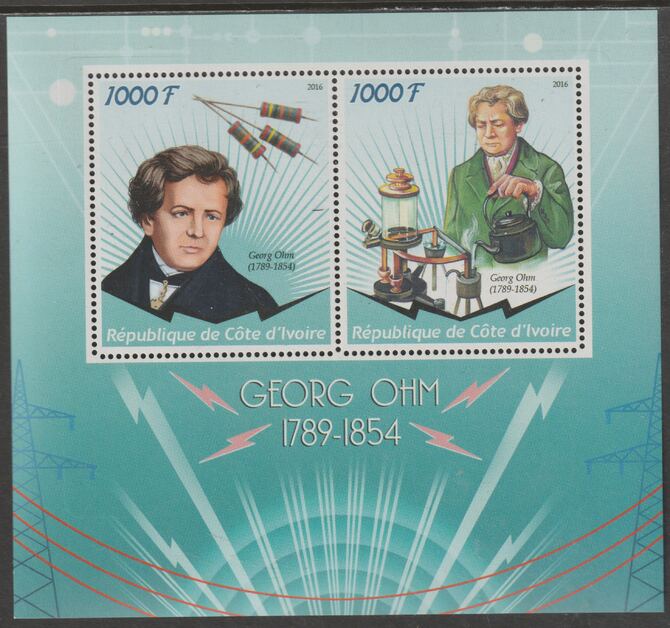 Ivory Coast 2016 George Ohm perf sheet containing two values unmounted mint, stamps on , stamps on  stamps on personalities, stamps on  stamps on  ohm , stamps on  stamps on electrical
