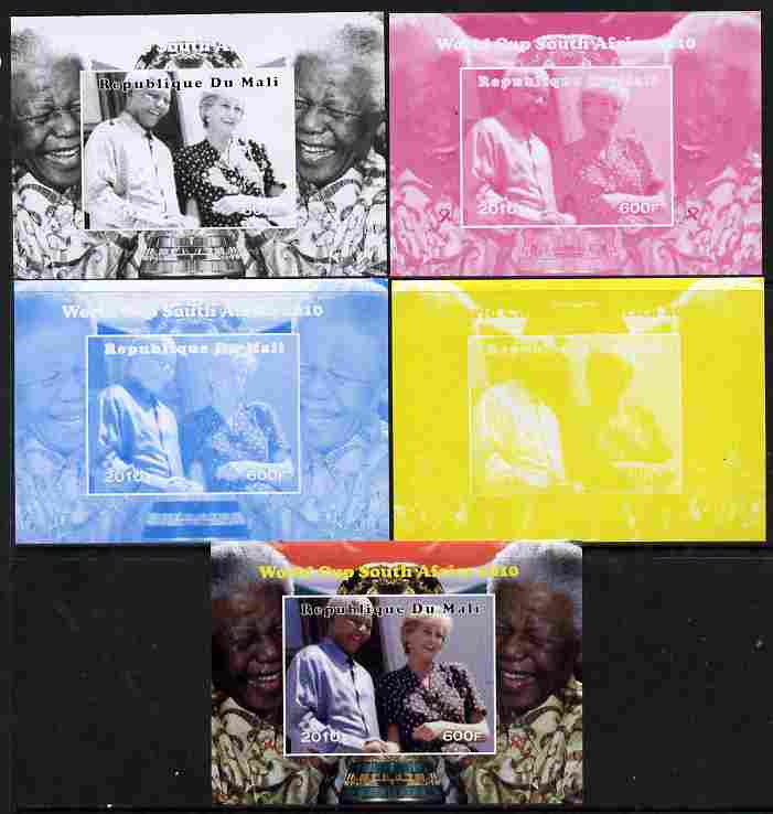 Mali 2010 Football World Cup #2 individual deluxe sheetlet (Stamp shows Diana with Nelson Mandela) - the set of 5 imperf progressive proofs comprising the 4 individual colours plus all 4-colour composite, unmounted mint , stamps on football, stamps on personalities, stamps on mandela, stamps on nobel, stamps on peace, stamps on racism, stamps on human rights, stamps on diana, stamps on royalty