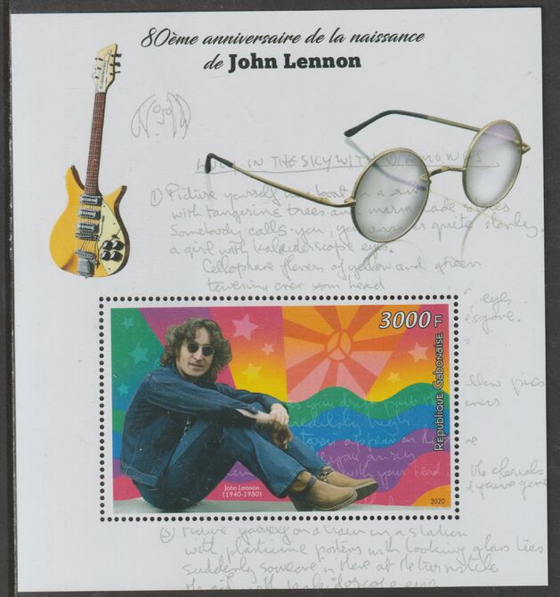 Gabon 2020 John Lennon 80th Birth Anniversary perf m/sheet containing one value unmounted mint, stamps on , stamps on  stamps on personalities, stamps on  stamps on lennon, stamps on  stamps on music, stamps on  stamps on beatles, stamps on  stamps on rock, stamps on  stamps on pops
