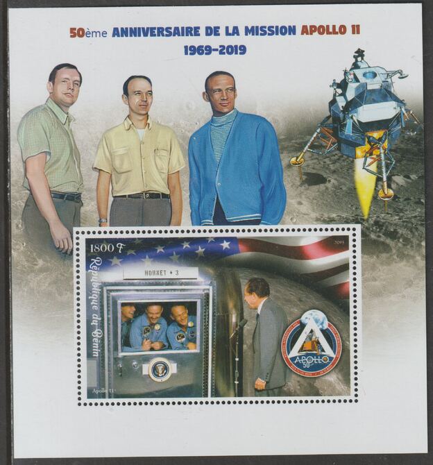 Benin 2019 Apollo 11 - 50th Anniversary perf m/sheet containing one value unmounted mint, stamps on space, stamps on apollo
