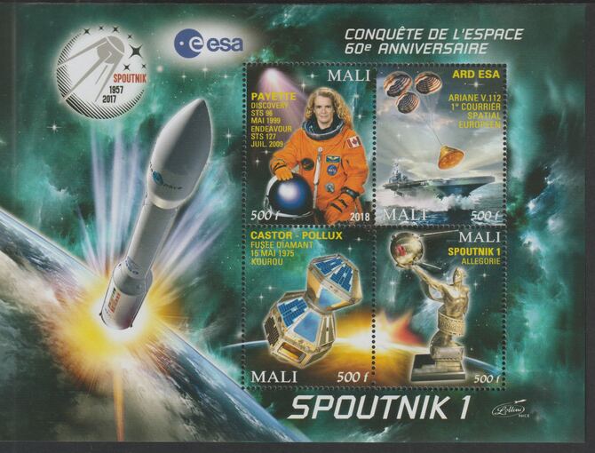 Mali 2018 Space - Sputnik 60th Anniversary #2 perf sheet containing four values unmounted mint, stamps on space, stamps on sputnik, stamps on satellites, stamps on parachutes