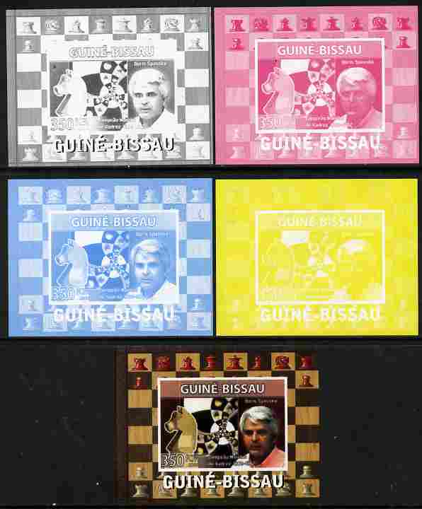 Guinea - Bissau 2008 Chess Champions - Boris Spassky individual deluxe sheetlet - the set of 5 imperf progressive proofs comprising the 4 individual colours plus all 4-co..., stamps on personalities, stamps on chess