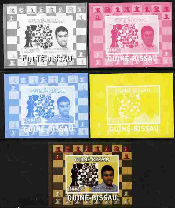 Guinea - Bissau 2008 Chess Champions - Wiswanathan Anand individual deluxe sheetlet - the set of 5 imperf progressive proofs comprising the 4 individual colours plus all 4-colour composite, unmounted mint , stamps on personalities, stamps on chess
