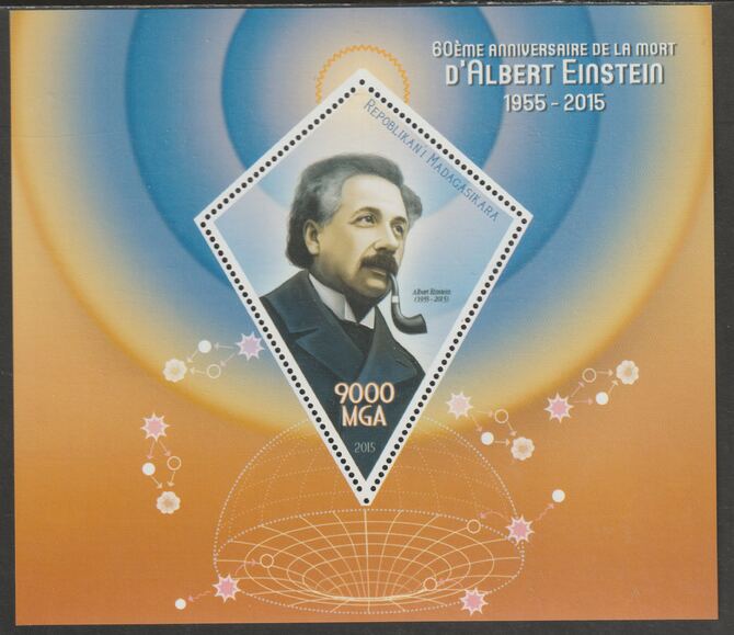 Madagascar 2015 Albert Einstein 60th Death Anniversary perf deluxe sheet containing one diamond shaped value unmounted mint, stamps on , stamps on  stamps on shaped, stamps on  stamps on personalities, stamps on  stamps on einstein, stamps on  stamps on smoking, stamps on  stamps on tobacco