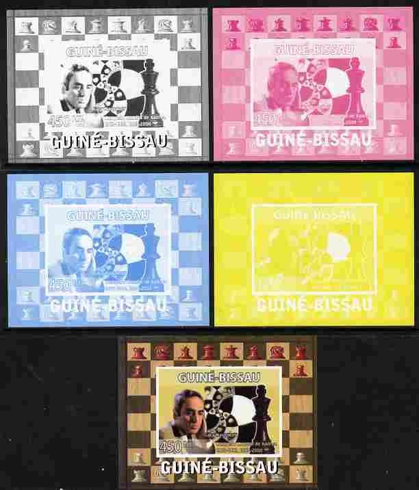 Guinea - Bissau 2008 Chess Champions - Gary Kasparov individual deluxe sheetlet - the set of 5 imperf progressive proofs comprising the 4 individual colours plus all 4-colour composite, unmounted mint , stamps on personalities, stamps on chess