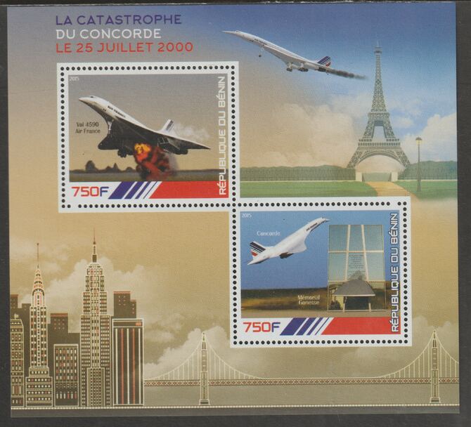 Benin 2015 Concorde Disaster perf sheet containing two values unmounted mint, stamps on concorde, stamps on aviation, stamps on disasters