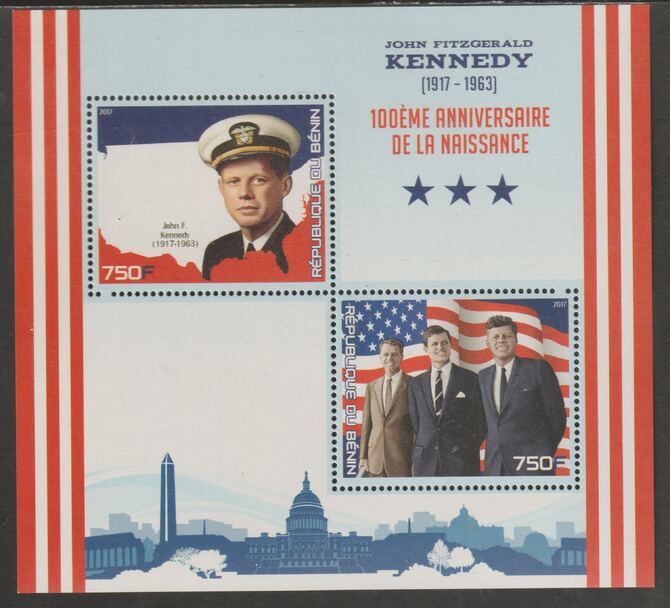 Benin 2017 John Kennedy Birth Centenary perf sheet containing two values unmounted mint, stamps on personalities, stamps on kennedy, stamps on us presidents, stamps on flags