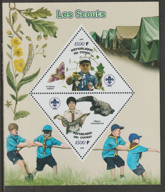 Congo 2019 Scouts perf sheet containing two triangular values unmounted mint, stamps on shaped, stamps on triangular, stamps on scouts