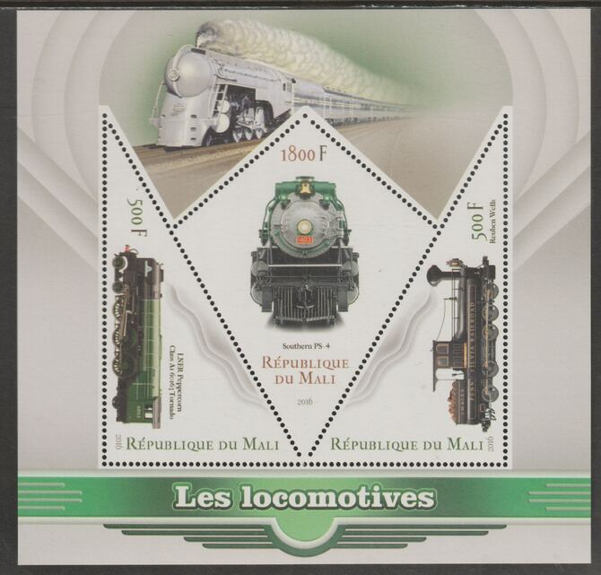 Mali 2016 Steam Locomotives #1 perf sheet containing three shaped values unmounted mint, stamps on shaped, stamps on railways
