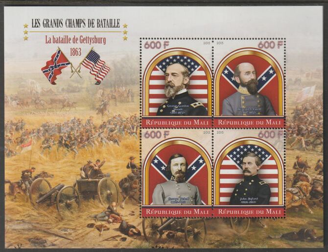 Mali 2015 Battle of Gettysburg perf sheet containing four values unmounted mint, stamps on battles, stamps on americana, stamps on militaria