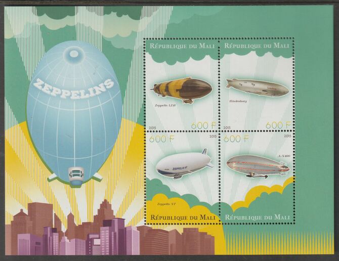Mali 2015 Zeppelins perf sheet containing four values unmounted mint, stamps on , stamps on  stamps on zeppelins, stamps on  stamps on airships, stamps on  stamps on aviation