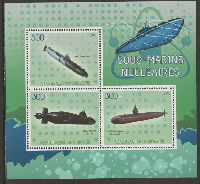Djibouti 2015 Submarines perf sheet containing three values unmounted mint, stamps on submarines, stamps on ships