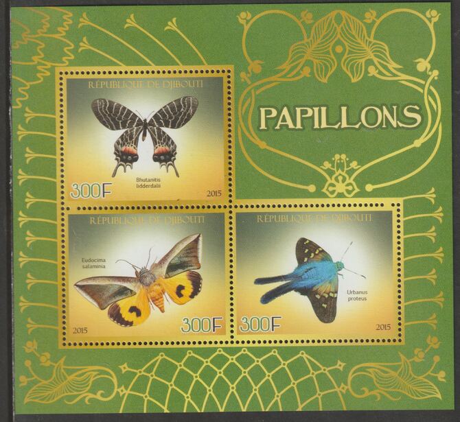 Djibouti 2015 Butterflies perf sheet containing three values unmounted mint, stamps on , stamps on  stamps on insects, stamps on  stamps on butterflies
