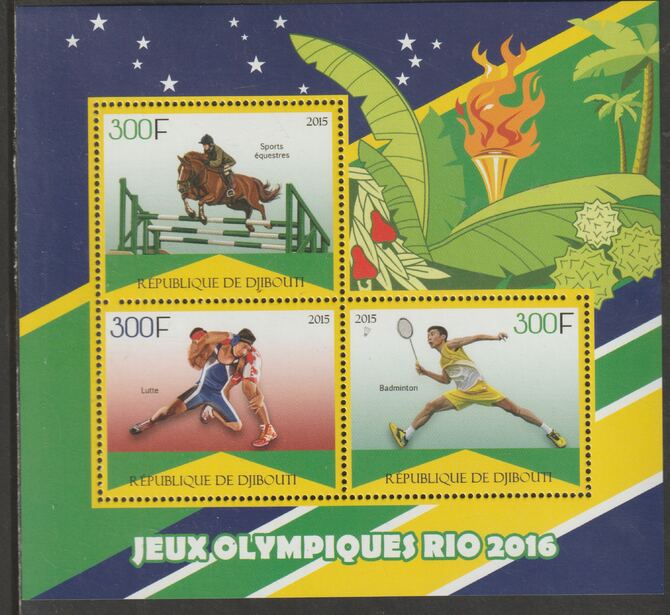 Djibouti 2015 Rio Olympics perf sheet containing three values unmounted mint, stamps on olympics, stamps on show jumping, stamps on wrestling, stamps on badminton