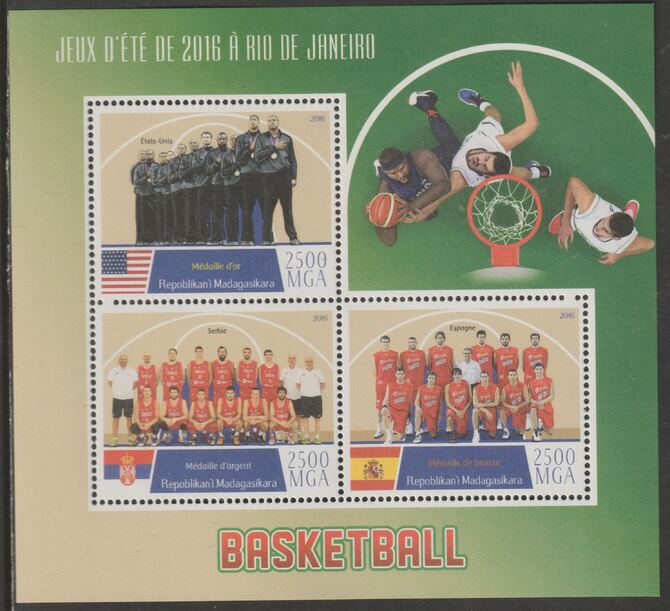 Madagascar 2016 Basketball perf sheet containing three values unmounted mint, stamps on , stamps on  stamps on sport, stamps on  stamps on basketball
