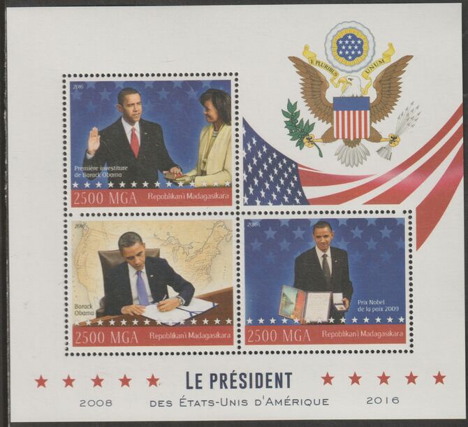 Madagascar 2016 Barack Obama perf sheet containing three values unmounted mint, stamps on , stamps on  stamps on personalities, stamps on  stamps on usa presidents, stamps on  stamps on nobel, stamps on  stamps on obama