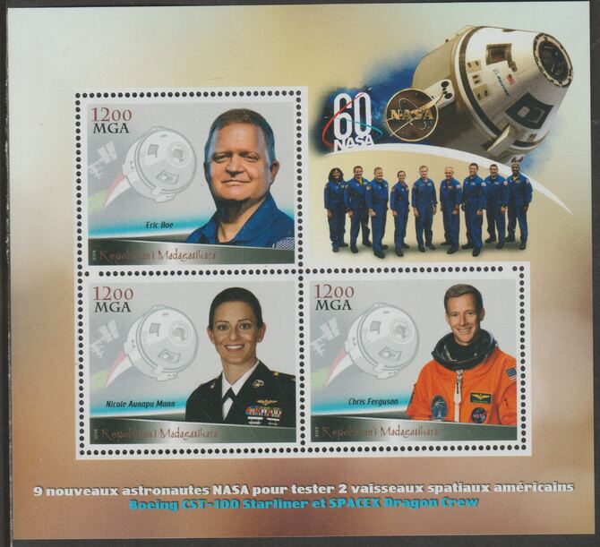 Madagascar 2018 NASA Test Astronauts #3 perf sheet containing three values unmounted mint, stamps on , stamps on  stamps on personalities, stamps on  stamps on space, stamps on  stamps on astronauts