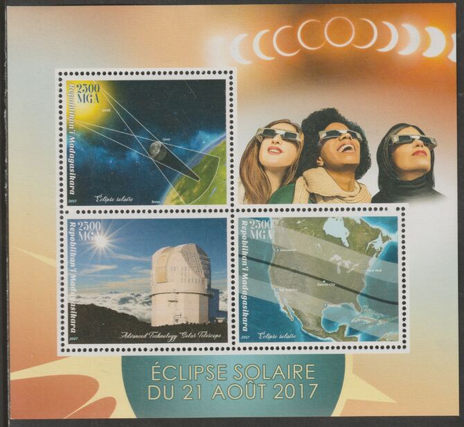 Madagascar 2017 Solar Eclipse perf sheet containing three values unmounted mint, stamps on , stamps on  stamps on astronomy, stamps on  stamps on eclipse, stamps on  stamps on telescopes.maps
