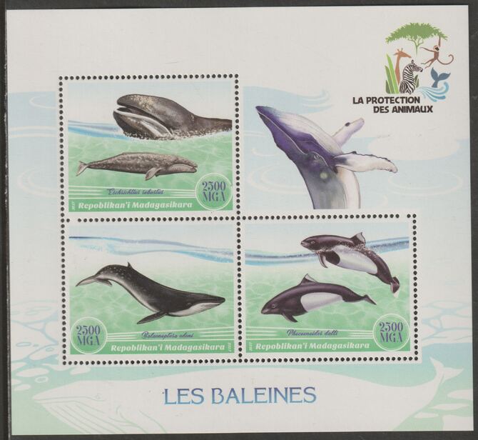 Madagascar 2017 Whales perf sheet containing three values unmounted mint, stamps on , stamps on  stamps on whales, stamps on  stamps on marine life