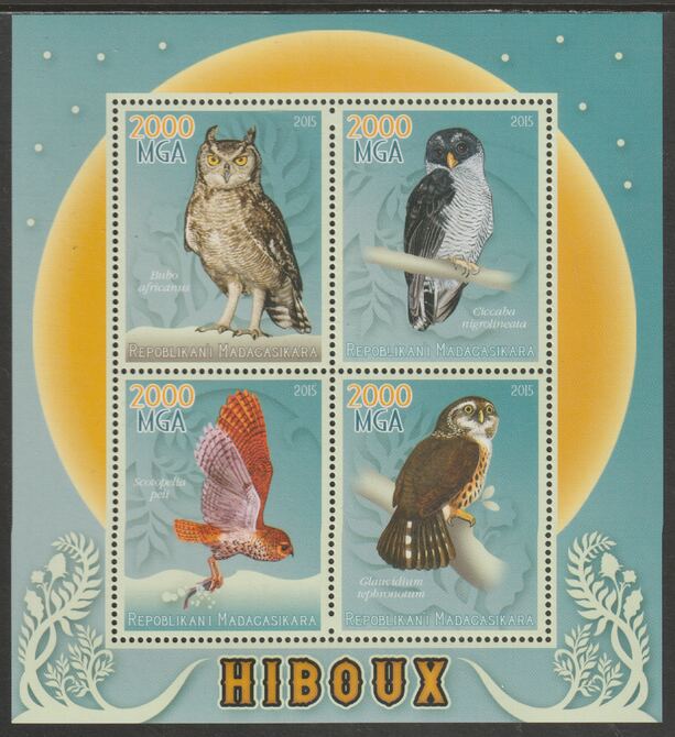 Madagascar 2015 Owls perf sheet containing four values unmounted mint, stamps on , stamps on  stamps on birds, stamps on  stamps on owls, stamps on  stamps on birds of prey
