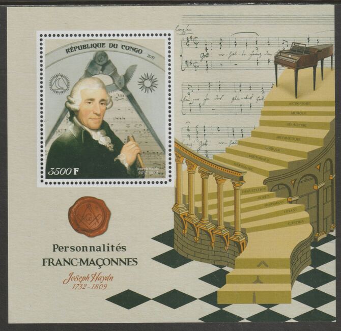 Congo 2019 Freemasons - Joseph Haydn perf sheet containing one value unmounted mint, stamps on personalities, stamps on masonics, stamps on haydn, stamps on composers, stamps on music