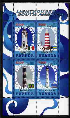 Rwanda 2010 Lighthouses of South America perf sheetlet containing 4 values unmounted mint, stamps on lighthouses