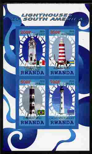 Rwanda 2010 Lighthouses of South America imperf sheetlet containing 4 values unmounted mint, stamps on lighthouses