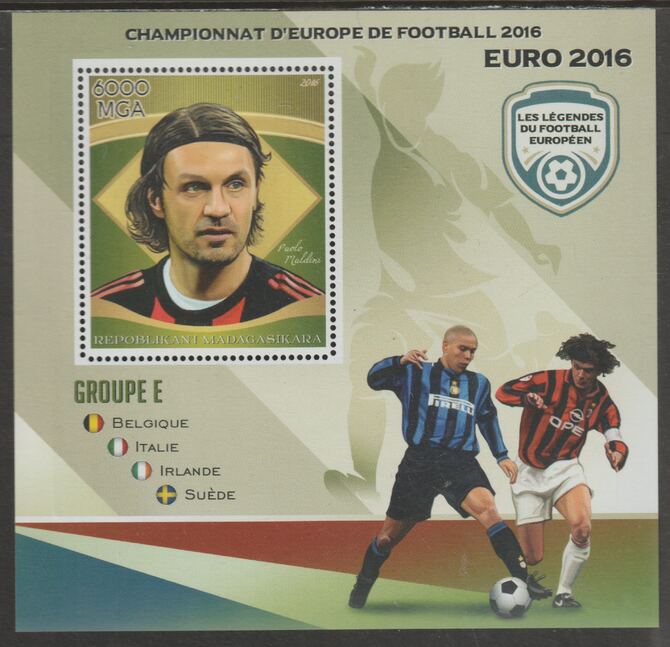 Madagascar 2016 European Football Group E perf sheet containing one value unmounted mint, stamps on personalities, stamps on football