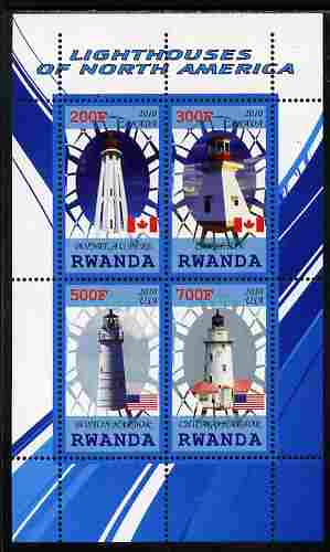 Rwanda 2010 Lighthouses of North America #1 perf sheetlet containing 4 values unmounted mint, stamps on lighthouses