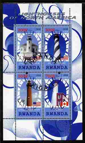 Rwanda 2010 Lighthouses of North America #2 perf sheetlet containing 4 values fine cto used, stamps on lighthouses